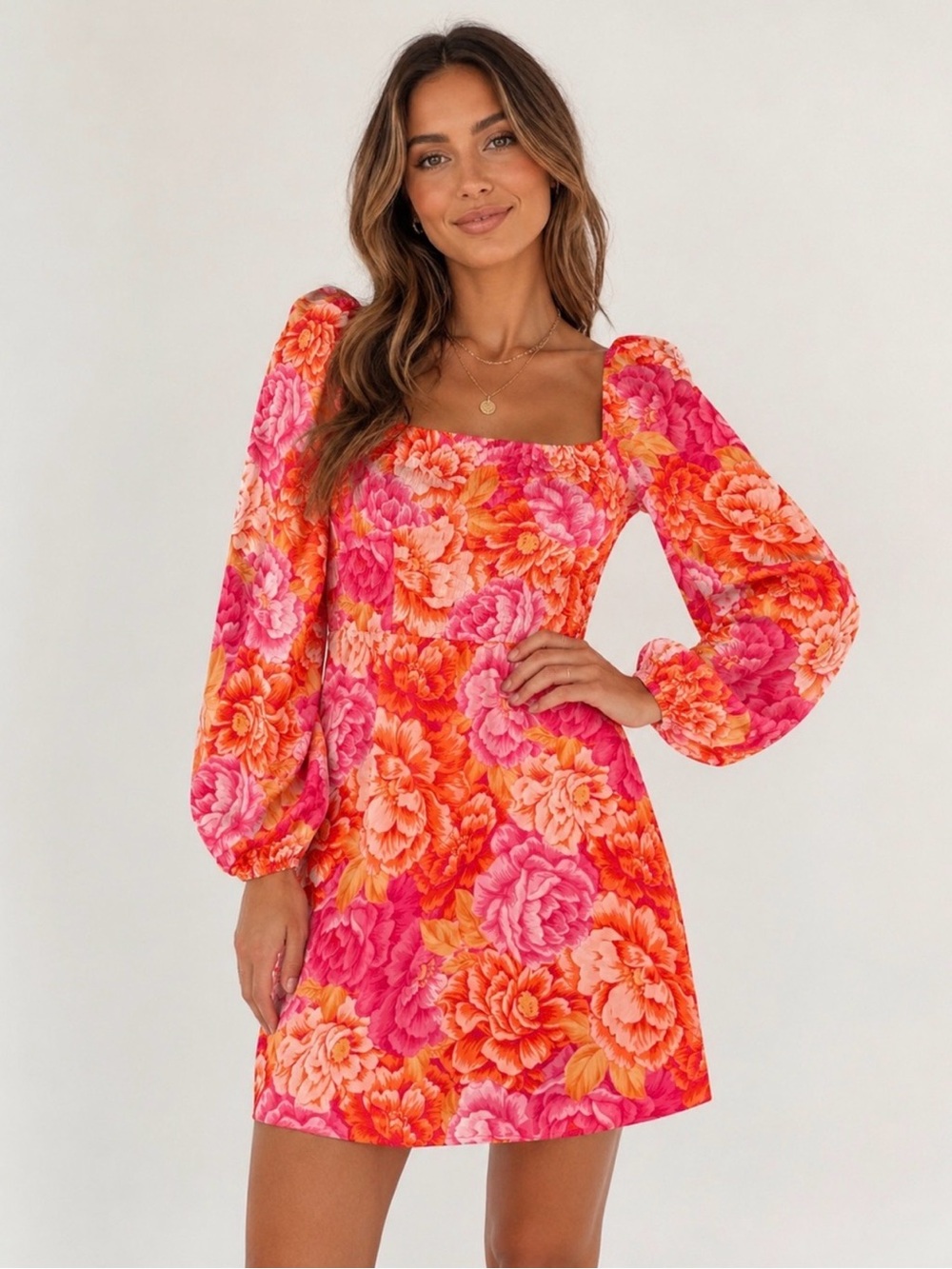 Steve Madden Pink & Orange Floral Puff-Sleeve Square-Neck Mini Dress